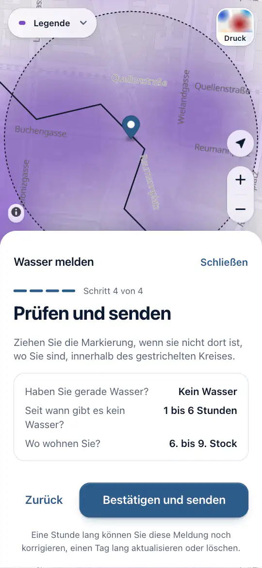 Die Stecknadel auf der Karte, mit den Antworten zum Senden