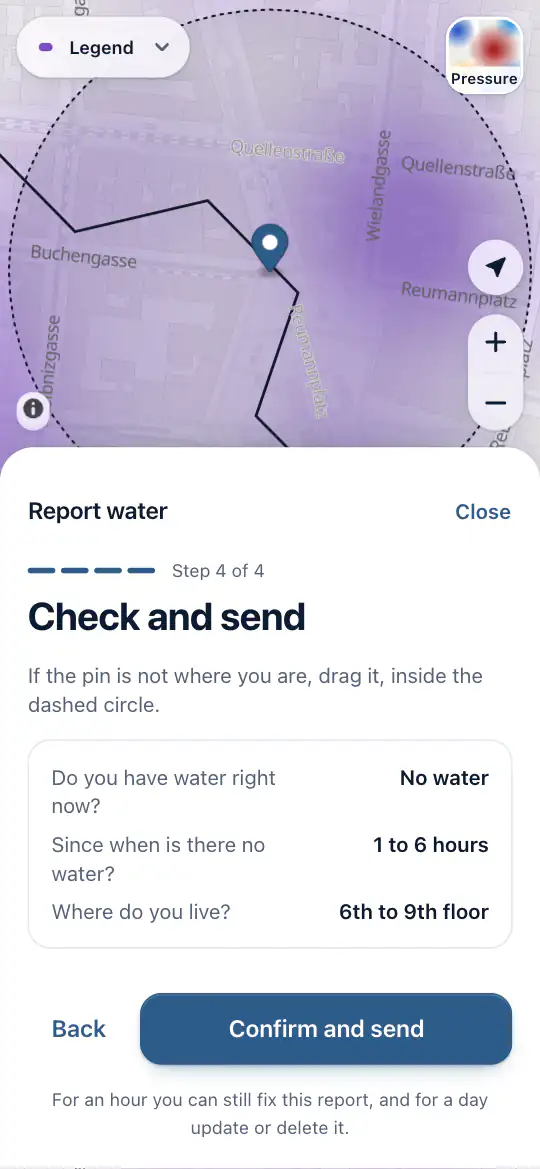 The pin on the map, with the answers to send