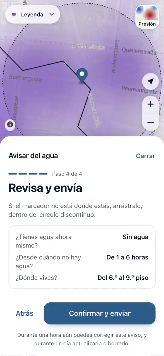 El marcador en el mapa, con las respuestas para enviar