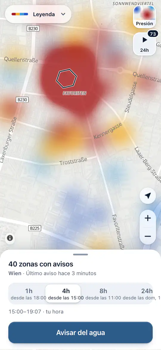 El mapa después de un aviso, con las zonas avisadas