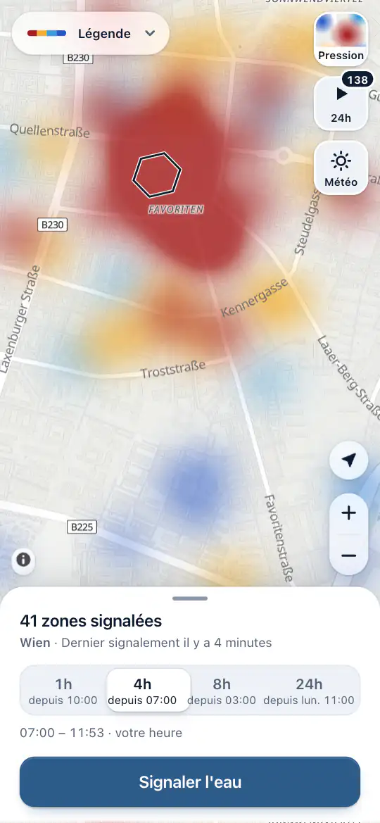 La carte après un signalement, avec les zones signalées