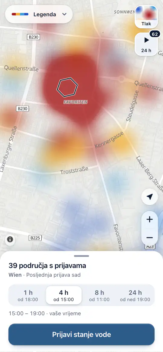 Karta nakon prijave, s područjima koja su ljudi prijavili