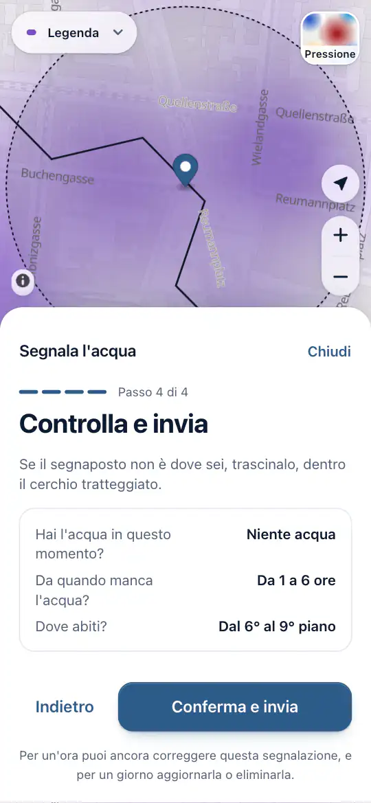 Il segnaposto sulla mappa, con le risposte da inviare
