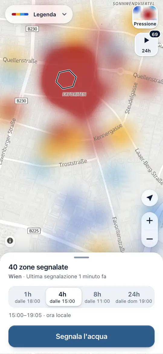 La mappa dopo una segnalazione, con le aree segnalate