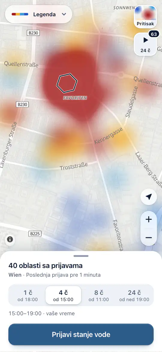 Mapa posle prijave, sa područjima koja su ljudi prijavili
